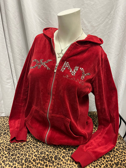 M/L - DKNY 2000S Red Velour Rhinestone Zip Hoodie