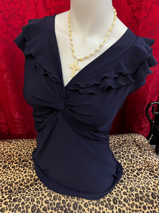 S - Vintage Suzy Navy Ruffled Top