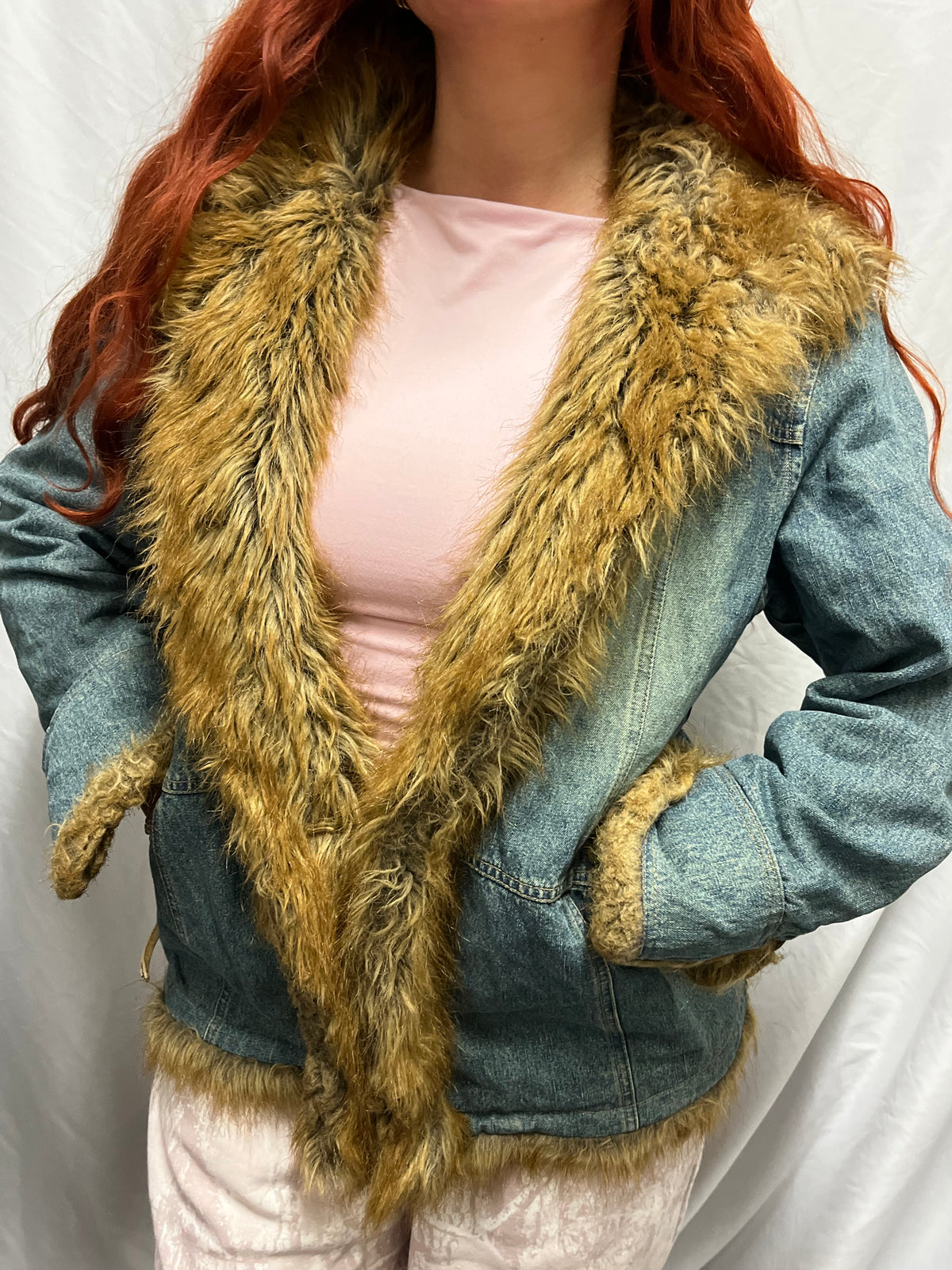 L - Mixit Y2K Faux Fur Lined Heavy Denim Coat