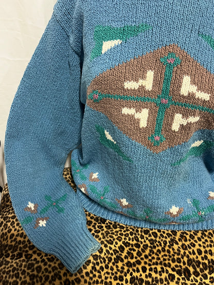 M - Alexander Jek 80s Hand-Knit Cotton Folk Patterned Sweater