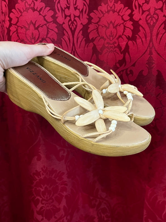 SZ 5 - VIZZANO Beaded Flower Wedge Sandal