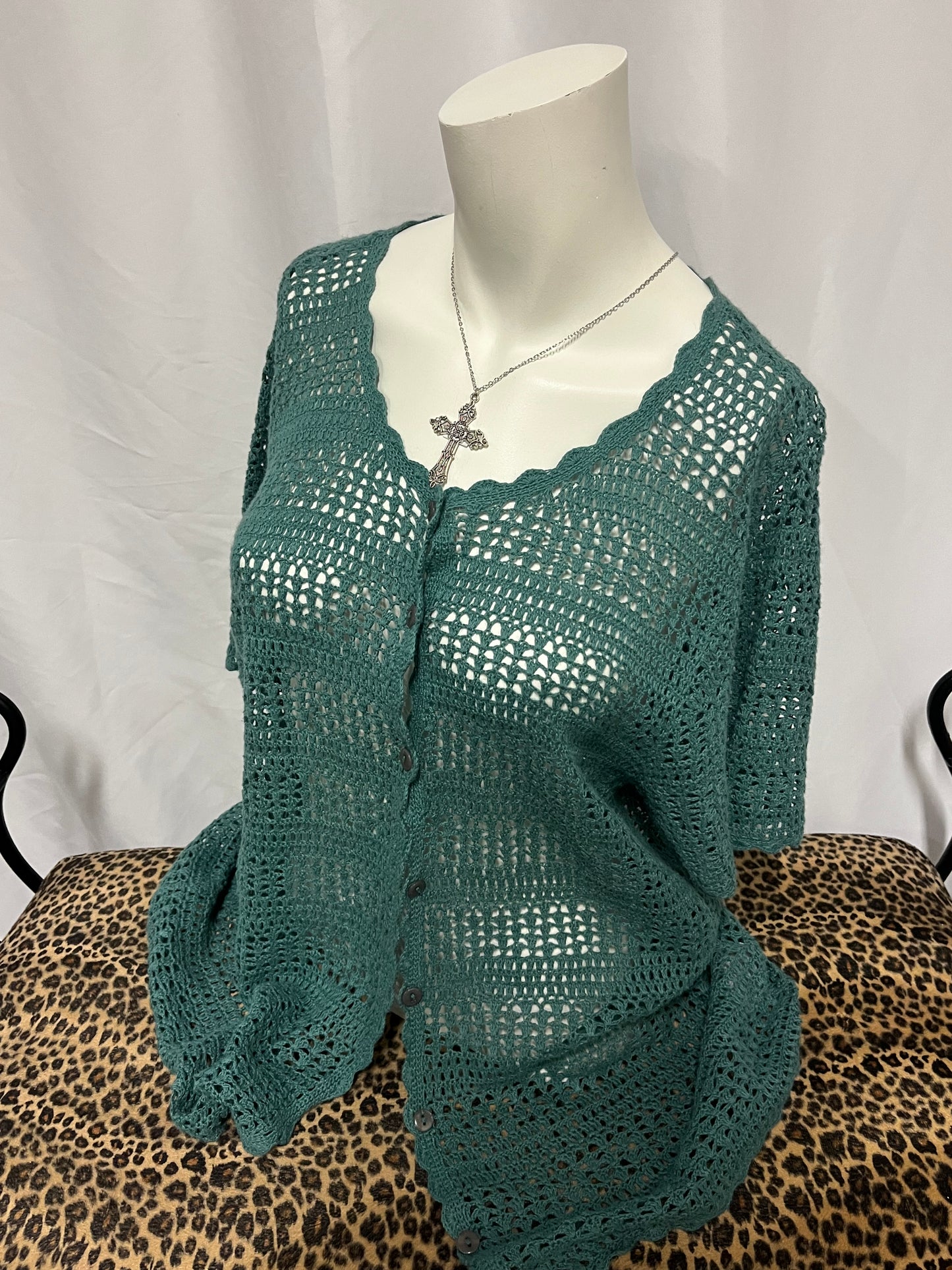 L/XL - Tanjay Teal 90s Crotchet Cardi