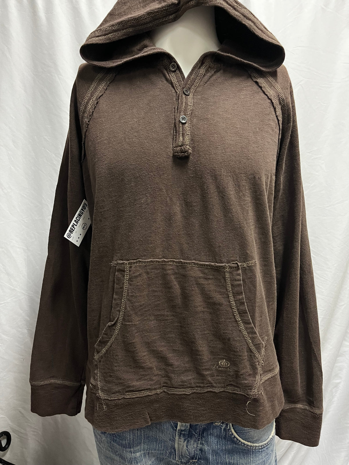 L - Y2K Brown Henley Lightweight Hoodie