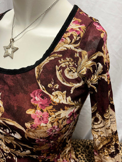 XS - Wet Seal Y2K Burgundy Floral Mesh Overlay Top