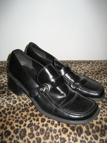 US 7-7.5 Chunky Leather Heeled Loafers