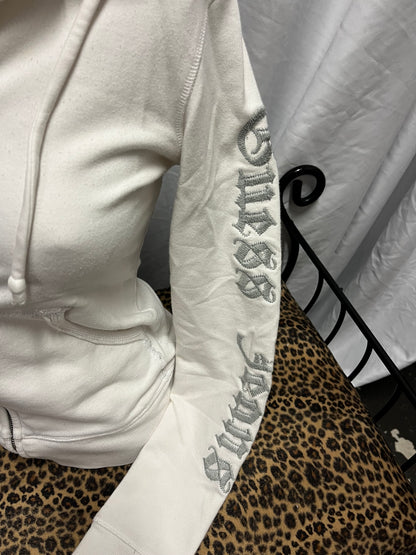 S - Guess Jeans 2000s White Bead Graphic Zip Hoodie
