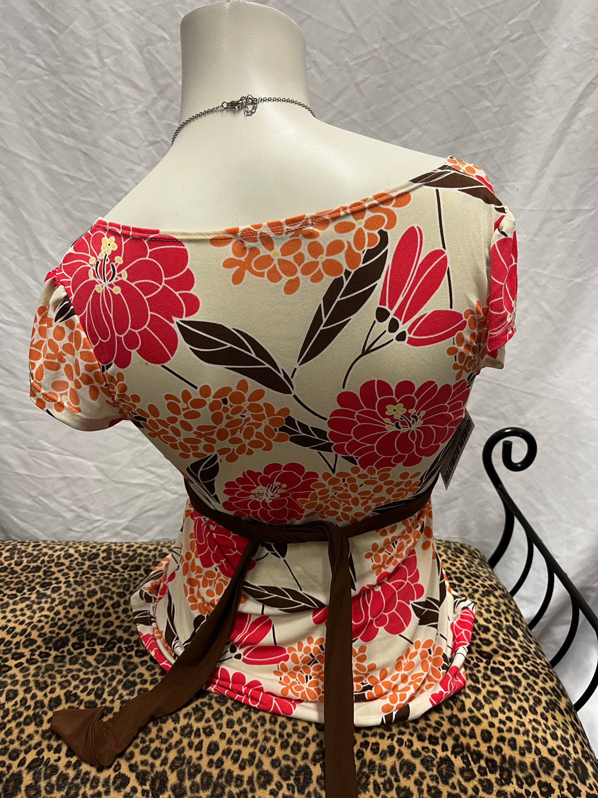 S - Forever Y2K Pink + Brown Floral Tie Back Top