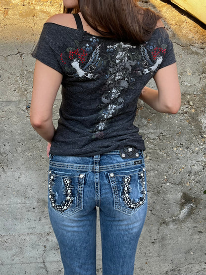 M - Crash & Burn Y2K Rhinestone Off The Shoulder Top