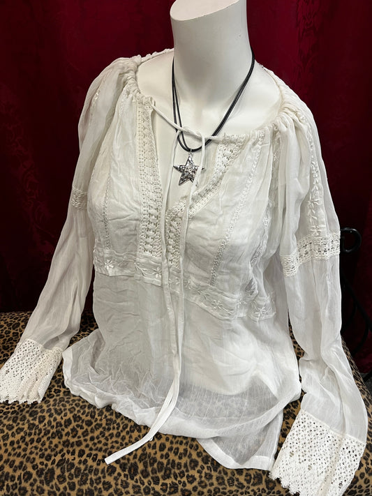 L - D'Annah White Sheer Peasant Blouse