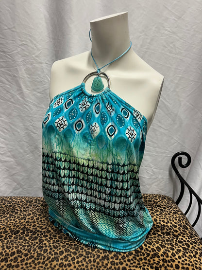 L - Rave Y2K Blue Patterned Ring Halter Top