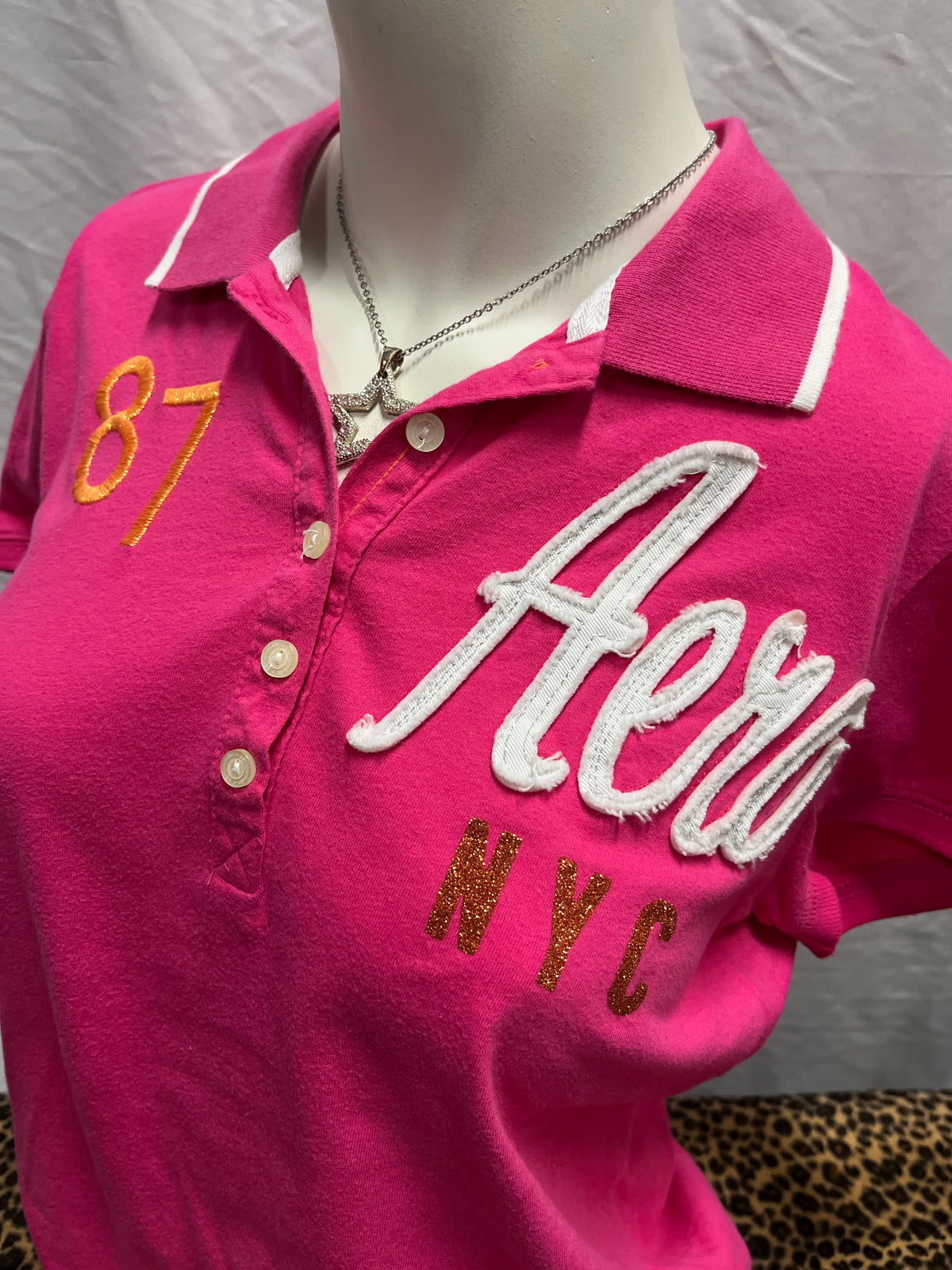 L - Aeropostale Y2K Pink Applique Polo Tee