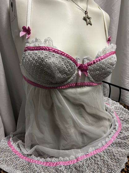 M - La Senza 2000s White + Pink Polka Dot Bra Cami Top