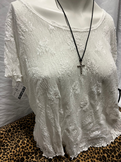 L - 2000s White Floral Mesh Top