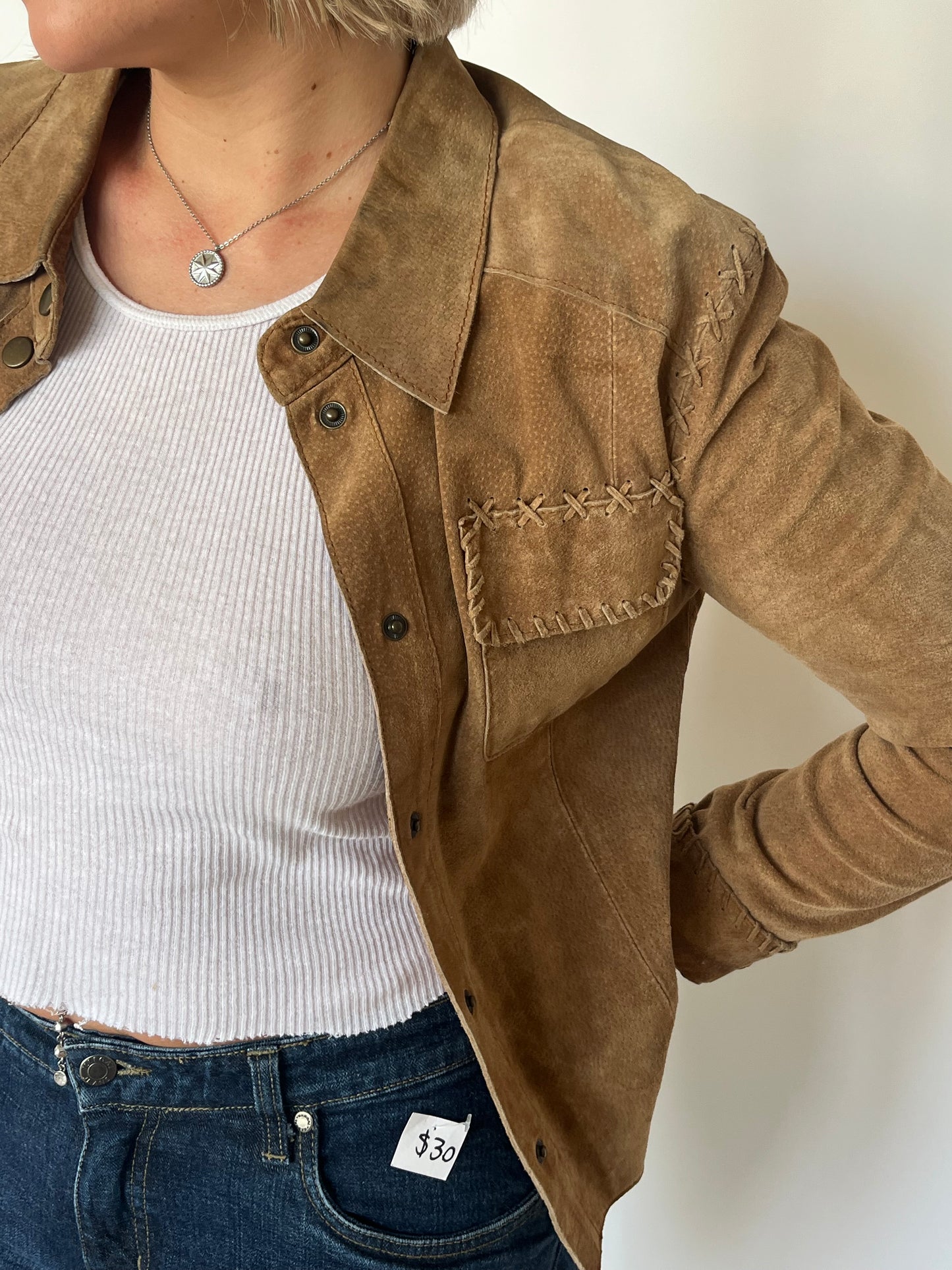 Beige Suede Button Up Vintage Leather Jacket