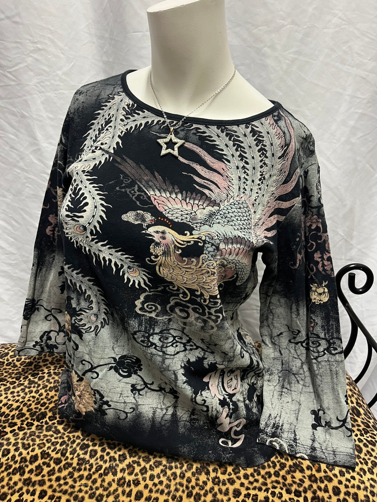 S - Katina Marie Y2K Rhinestone Peacock Graphic Top
