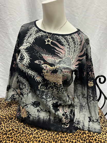 S - Katina Marie Y2K Rhinestone Peacock Graphic Top