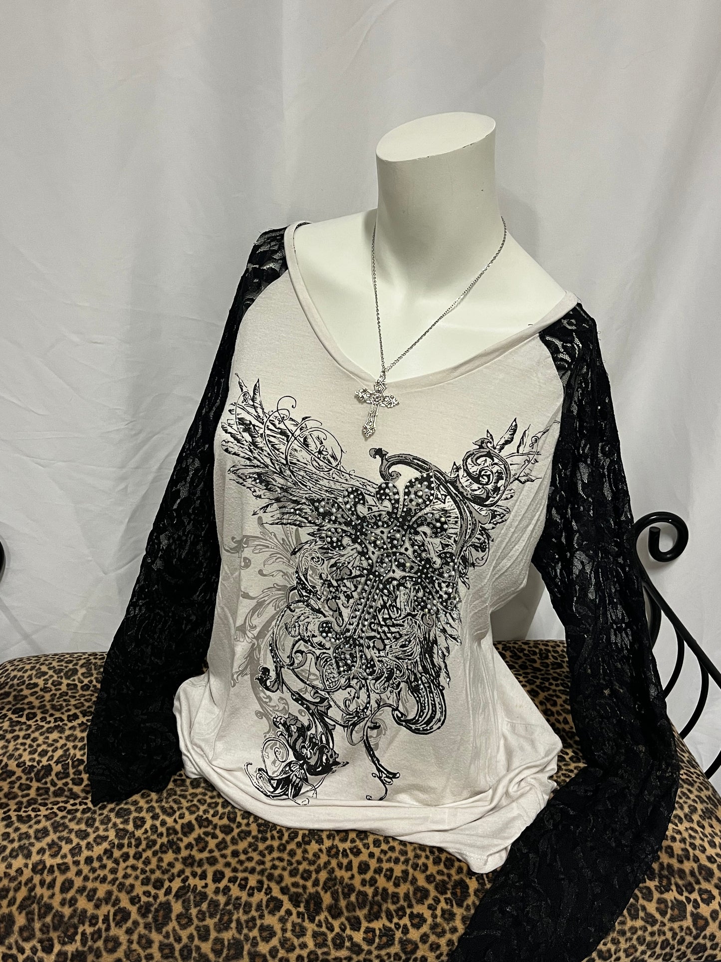 XL - W1 Rhinestone Cross Lace Sleeve Top