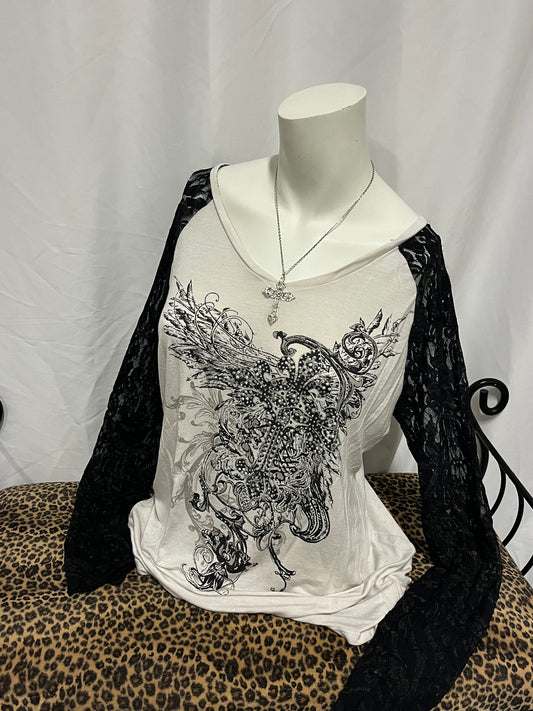 XL - W1 Rhinestone Cross Lace Sleeve Top