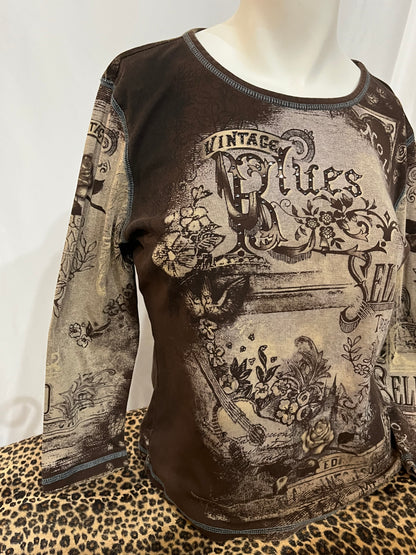 L - Vintage Blues Rhinestone Graphic Top