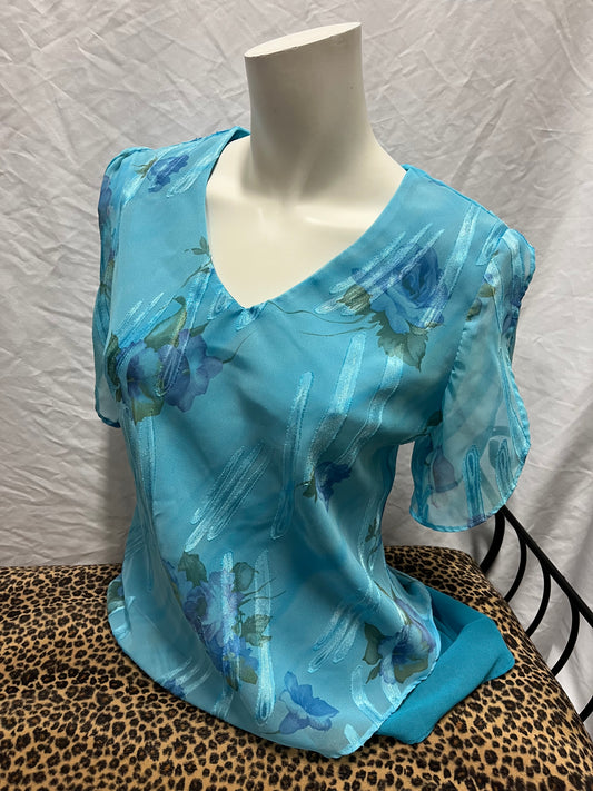 M - Fitted 90s Blue Floral Sheer Overlay Blouse