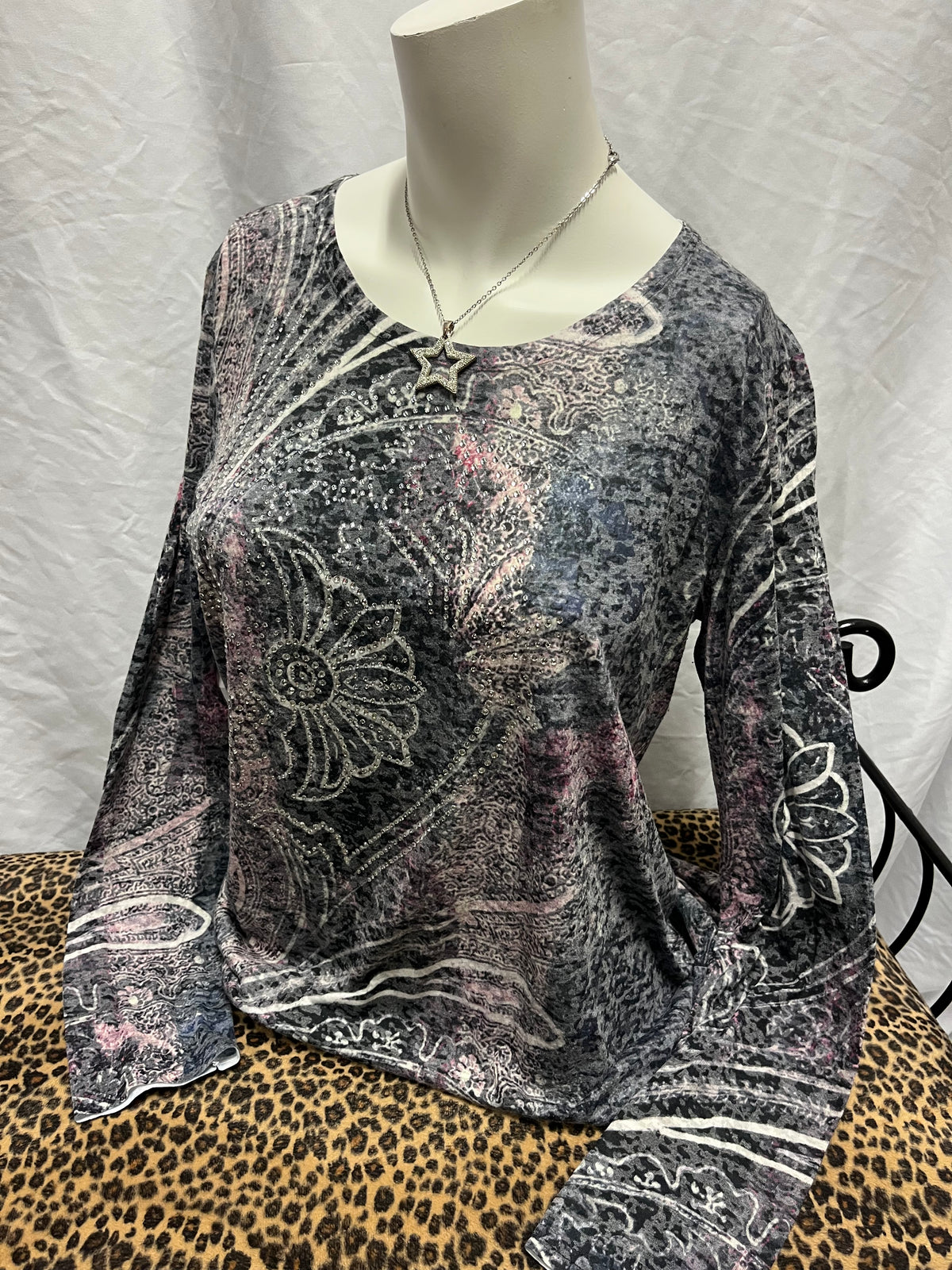 L - Point Zero 2000s Rhinestone + Lace AOP Graphic Top