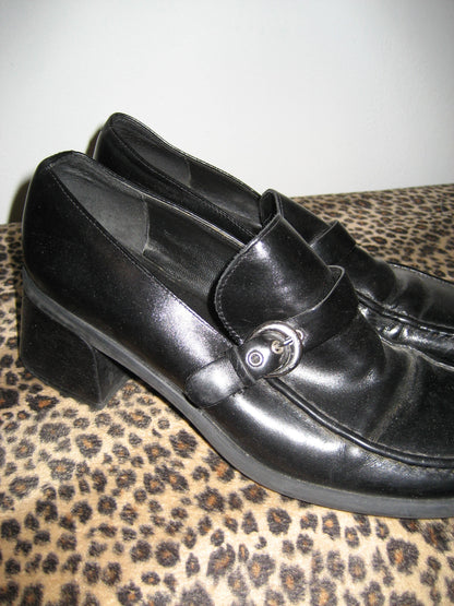 US 7-7.5 Chunky Leather Heeled Loafers