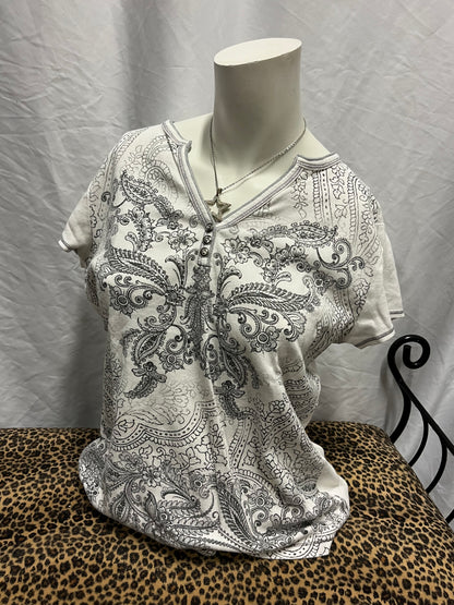 XL - Blue Canyon Y2K White Rhinestone Henley Top