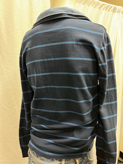 M - Y2K Blue Striped Patches Polo Long Sleeve Tee