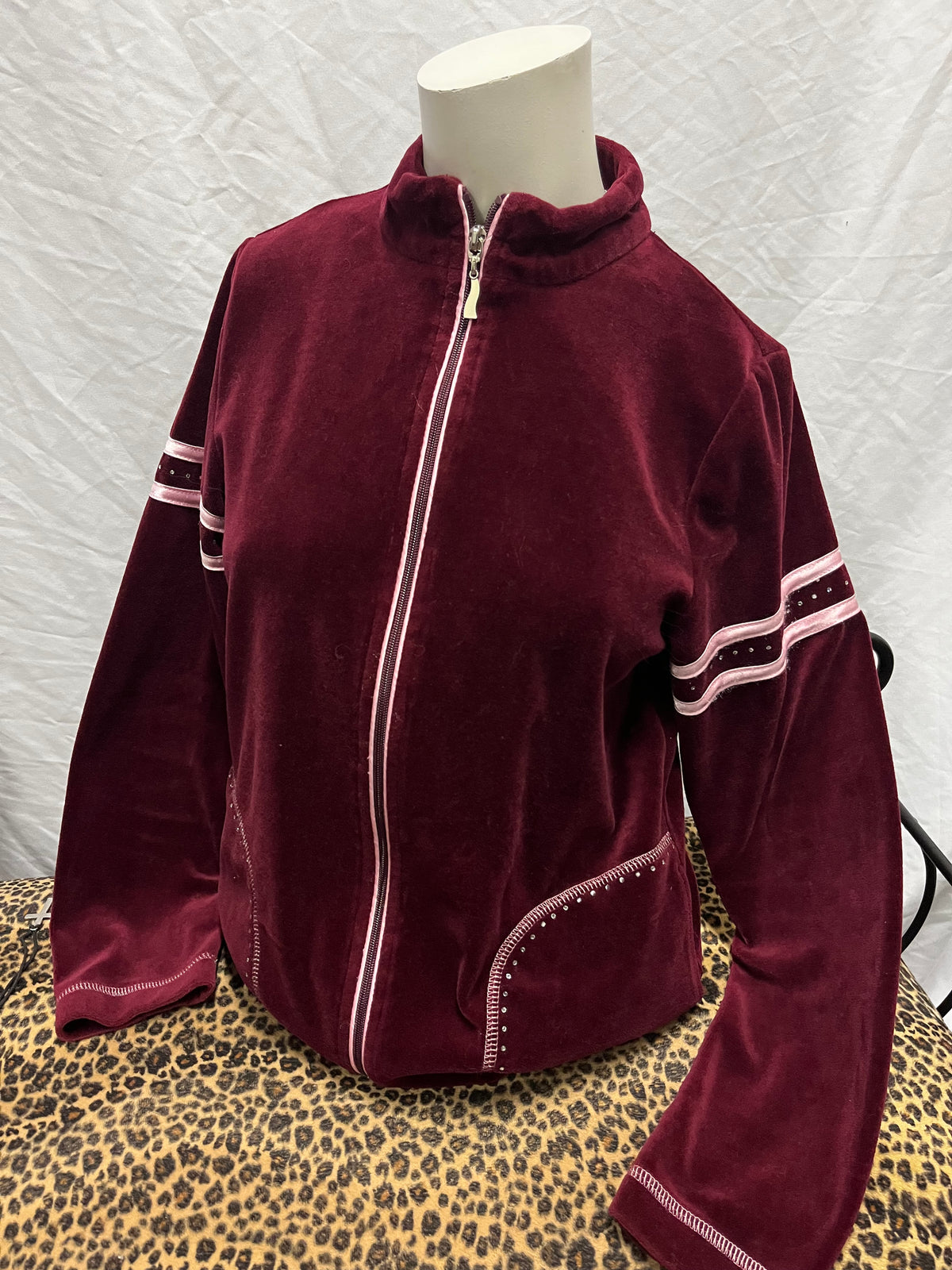 S - Cafe Au Lait Y2K Red Velour Rhinestone Track Zip Jacket