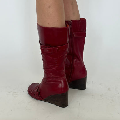 Broadway Red Leather Wedge Buckle Boot