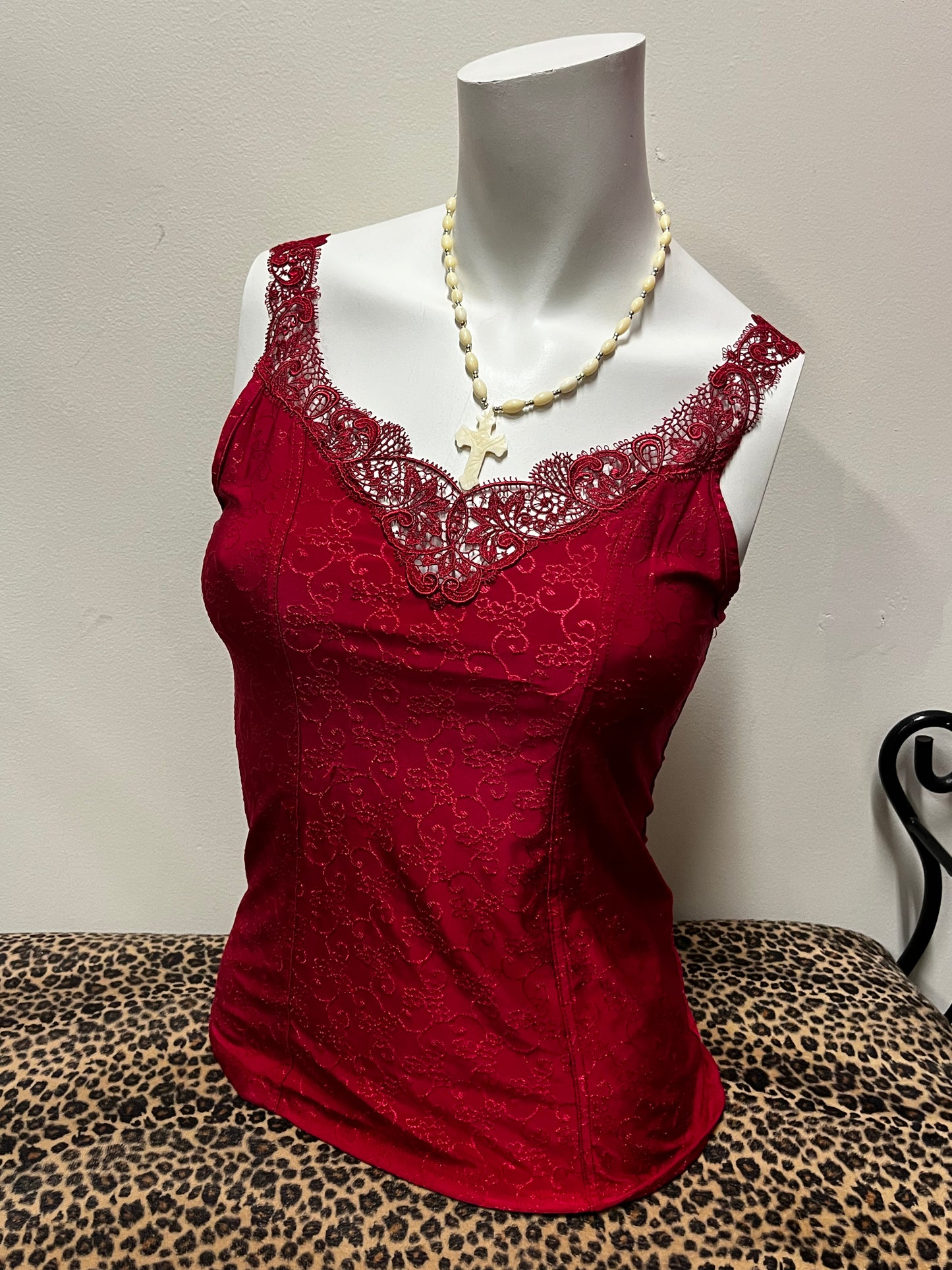 M - Arianne 90s Red Lace Trim Cami Top