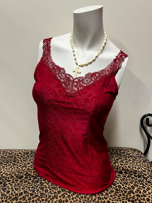 M - Arianne 90s Red Lace Trim Cami Top