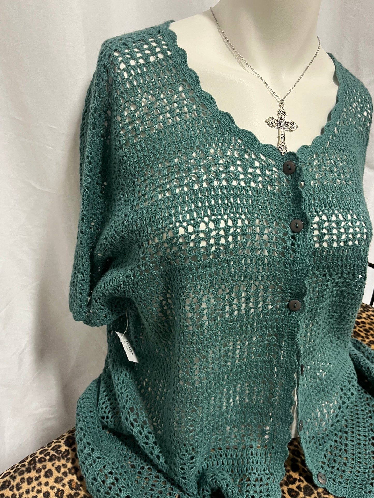 L/XL - Tanjay Teal 90s Crotchet Cardi