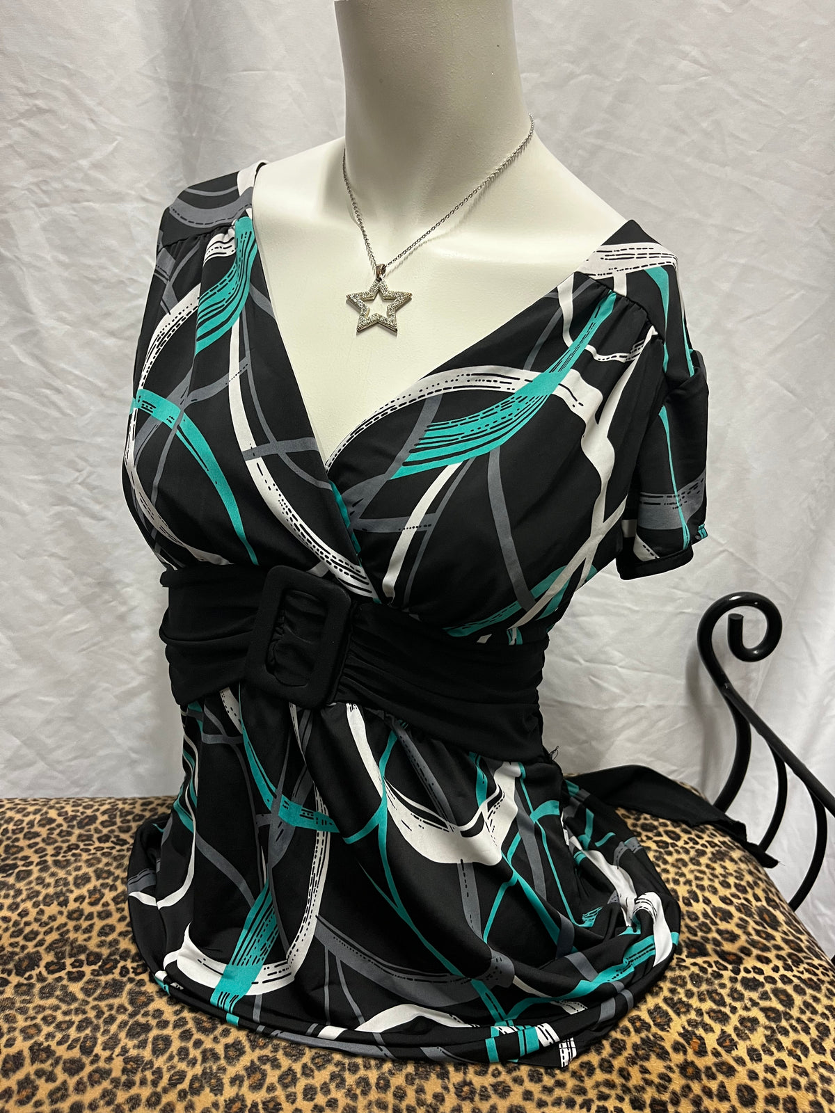 L - Maurice's Y2K Black + Teal Patterned Belt Top