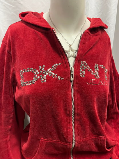 M/L - DKNY 2000S Red Velour Rhinestone Zip Hoodie