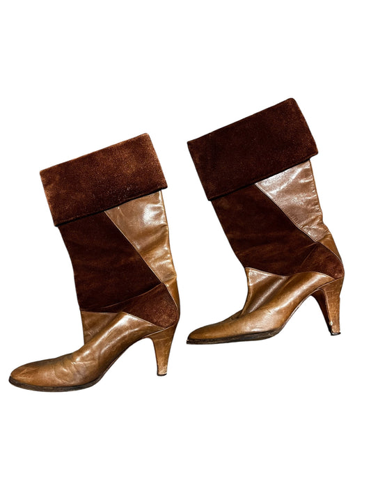 SZ 7.5 - Italian Leather + Suede Vintage Heeled Boot