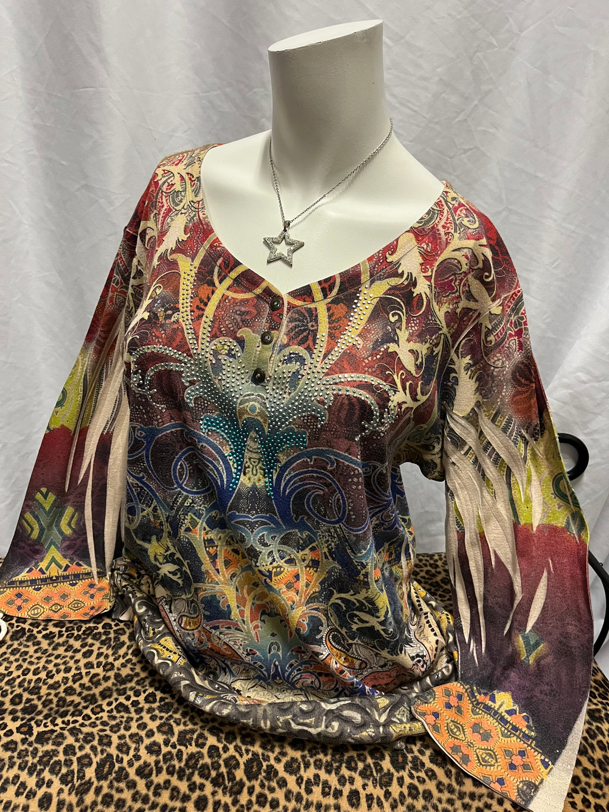 XL - Cato Y2K Rhinestone Graphic Henley Top