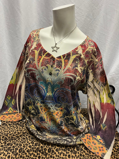 XL - Cato Y2K Rhinestone Graphic Henley Top