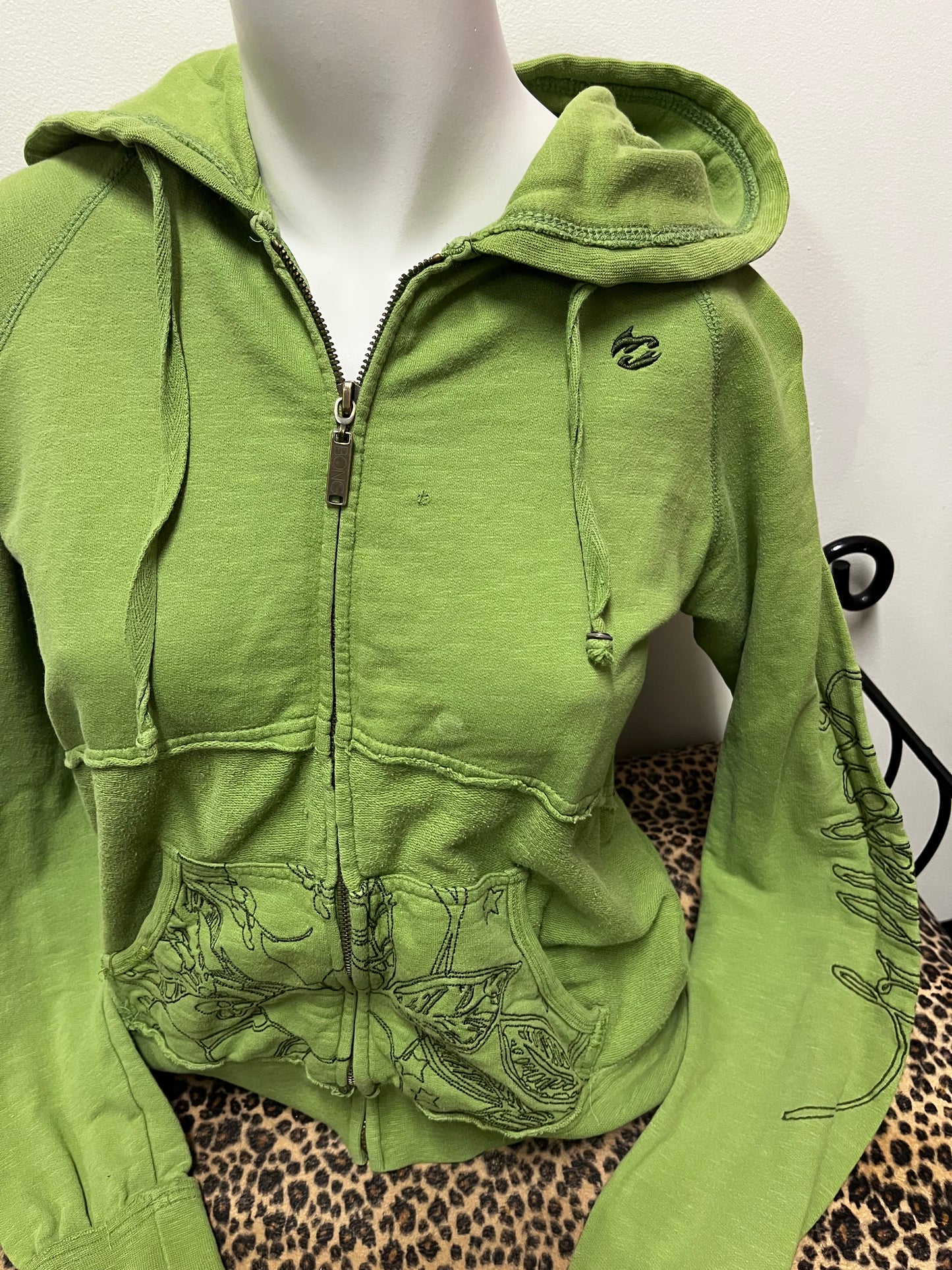 M - Billabong Y2K Green Floral Embroidery Zip Hoodie