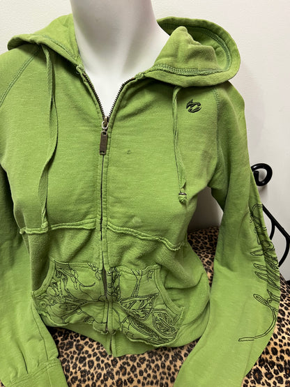 M - Billabong Y2K Green Floral Embroidery Zip Hoodie