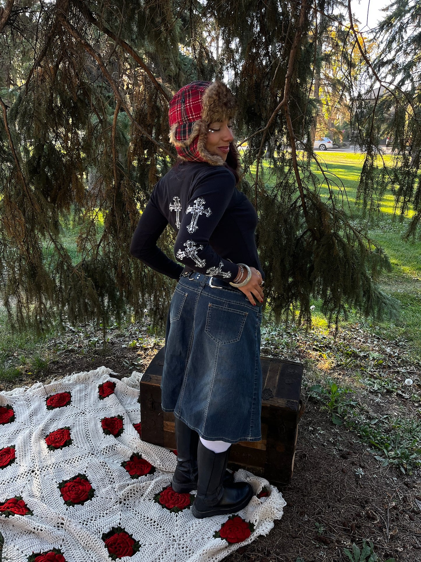 Hat - Y2K Plaid Trapper w/ Faux Fur