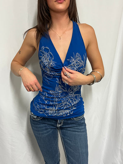 S - Candy Couture Y2K Cowl Neck Silver Rings Top