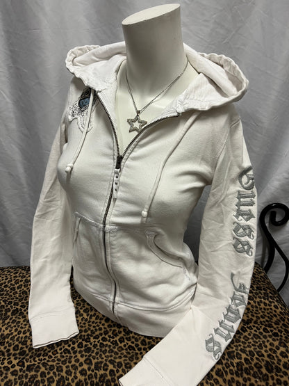 S - Guess Jeans 2000s White Bead Graphic Zip Hoodie
