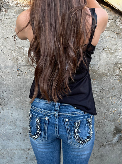 L - Maurice Rhinestone Lace Trim Graphic Cami Top