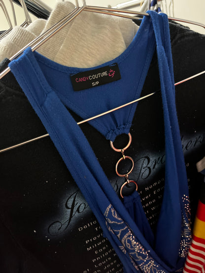 S - Candy Couture Y2K Cowl Neck Silver Rings Top