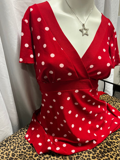 M - Hot Tempered Y2K Red Polka Dot Tie Blouse