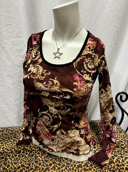 XS - Wet Seal Y2K Burgundy Floral Mesh Overlay Top