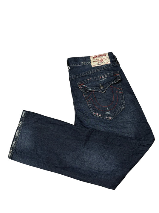 36" - True Religion Straight Leg Distressed Red Stitch Jeans