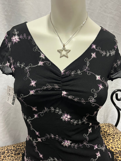 M - Wrapper Y2K Purple Floral Mesh Overlay Top
