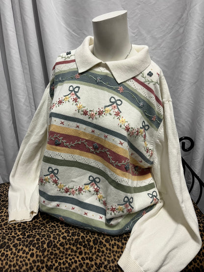 2X - Alfred Dunner Collared 3D Embroidered Knit Sweater